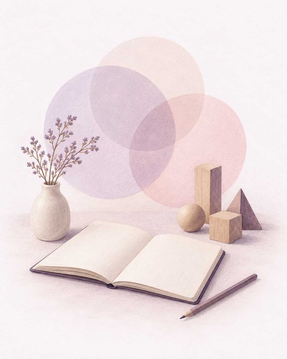 Illustration of an open notebook and geometric shapes
