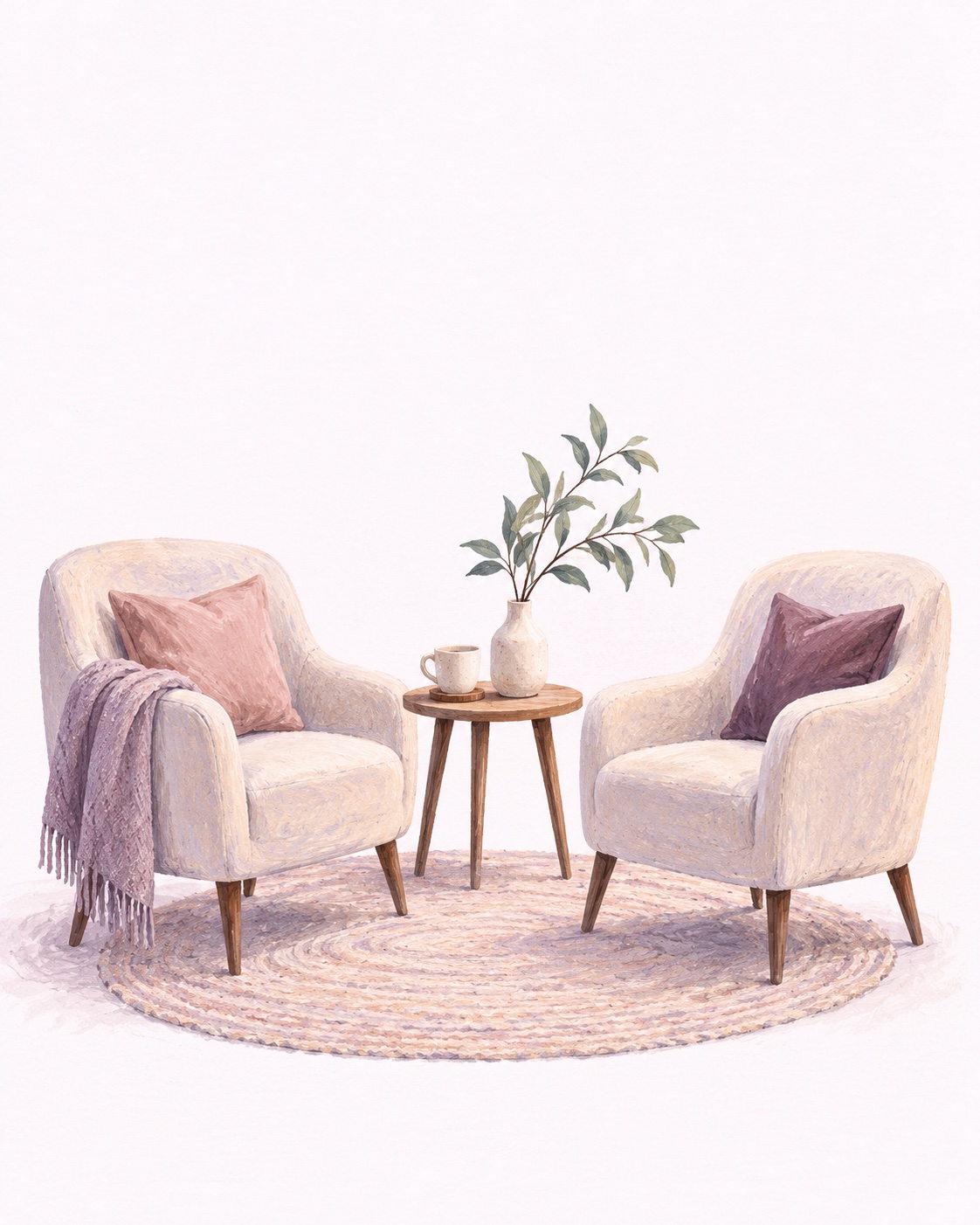Illustration of two welcoming armchairs arranged for conversation